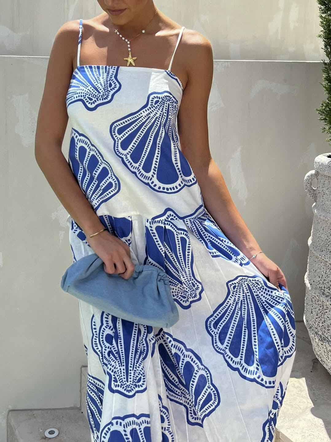 Aurohaya Holiday Casual Ocean Shell Print Sling Maxi Dress