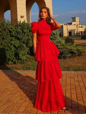 Aurohaya Retro Princess Multi-Layer Maxi Cake Dress Red