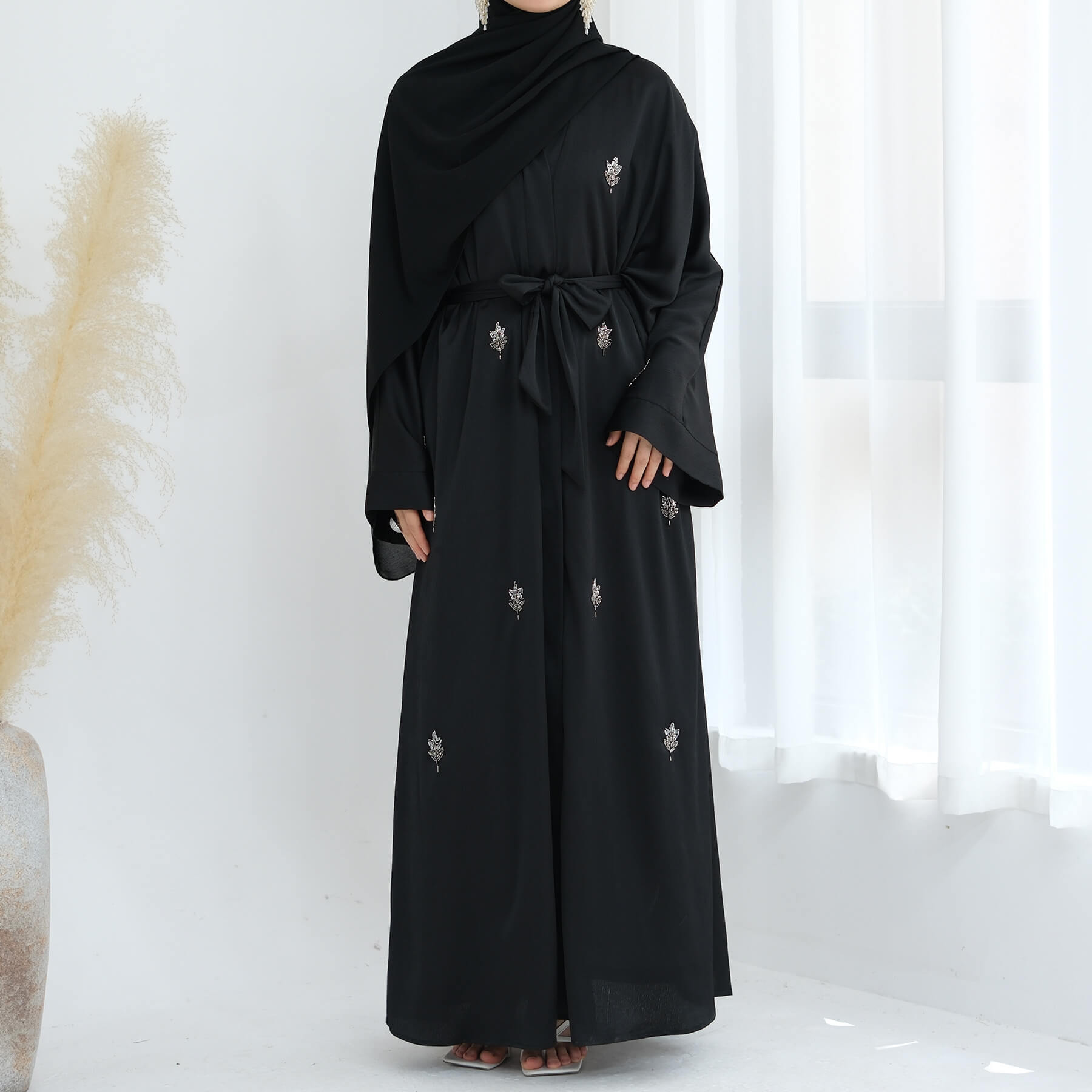 Solid Color Beaded Abaya Cardigan