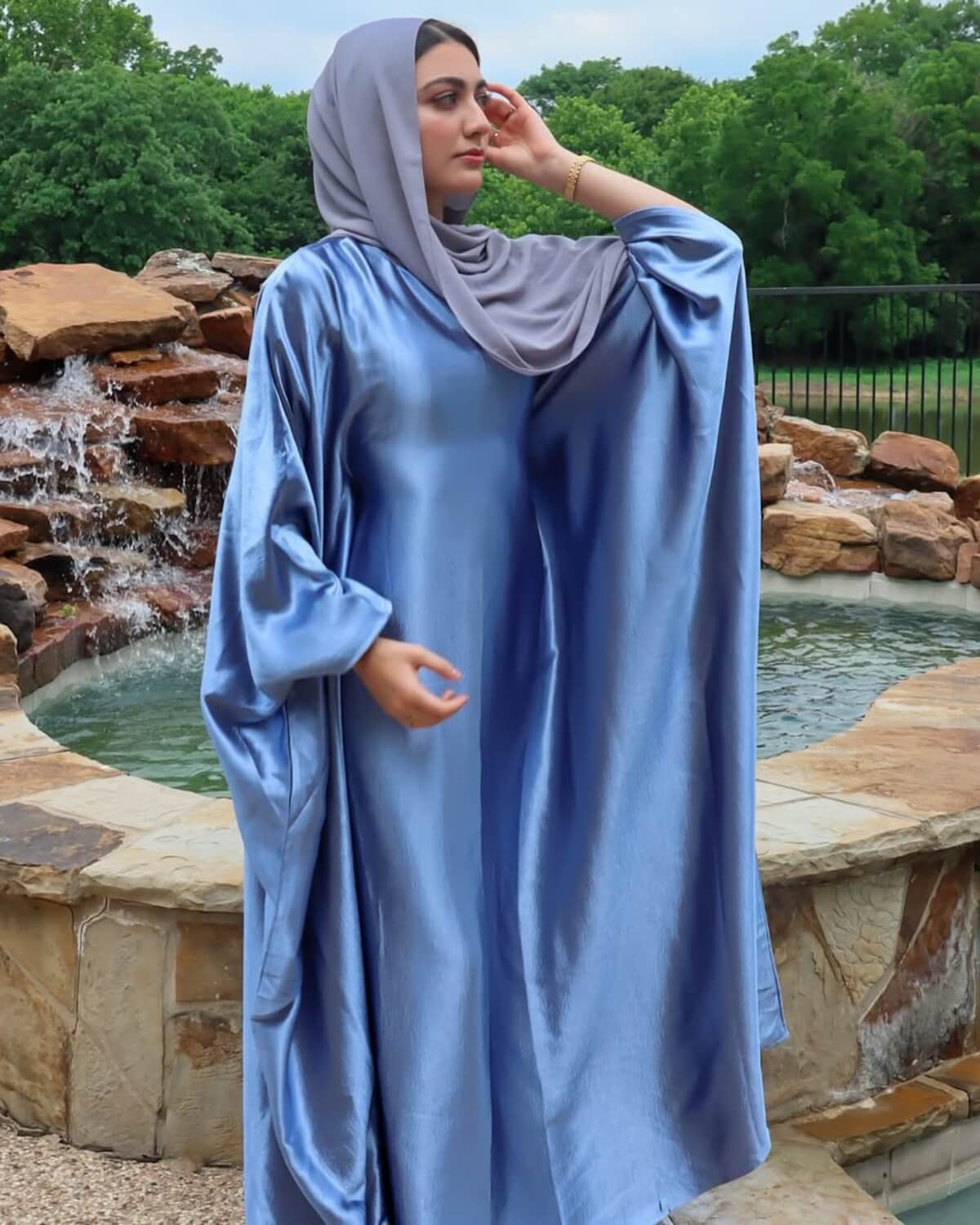 Shiny Satin Butterfly Abaya Dress