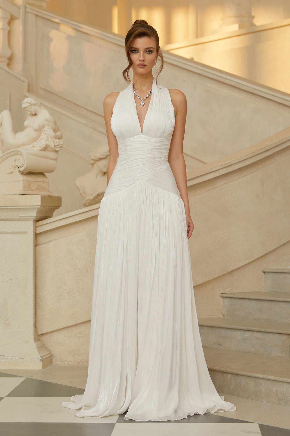 Verdelune White Gathered Maxi Dress