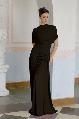 Aurohaya Catherine asymmetrical pleated maxi dress in Brown
