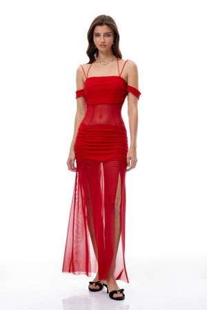Aurohaya Tiril Red Ruched Lace Panel Meah Midi Dress