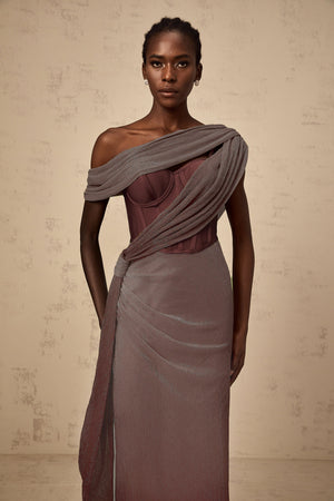 Aurohaya Delphine ribbon-design corset maxi dress in Brown