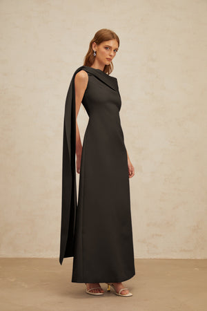 Aurohaya Annabelle Black Cape-Design Ribbon Maxi Dress