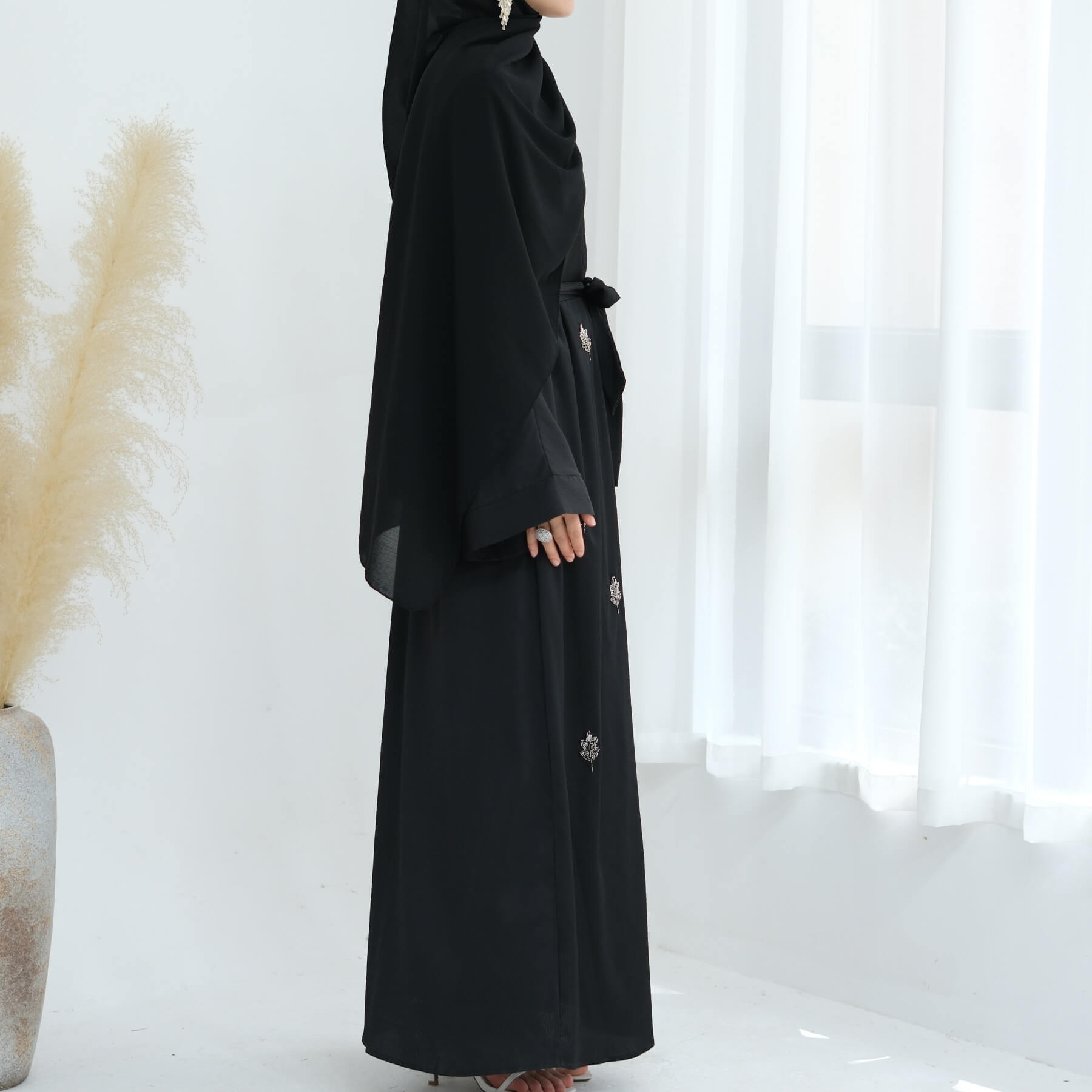 Solid Color Beaded Abaya Cardigan