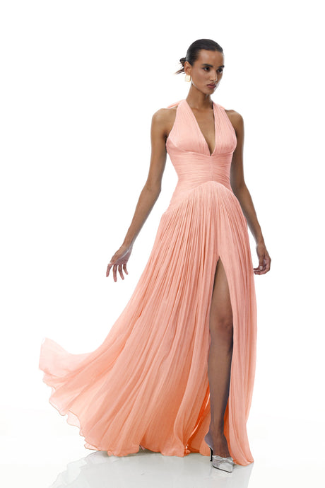 Aurohaya Térébenthine Pink Glossy Gathered Maxi Dress