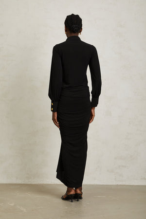 Aurohaya Brooklyn Black Gathered Draped Maxi Dress
