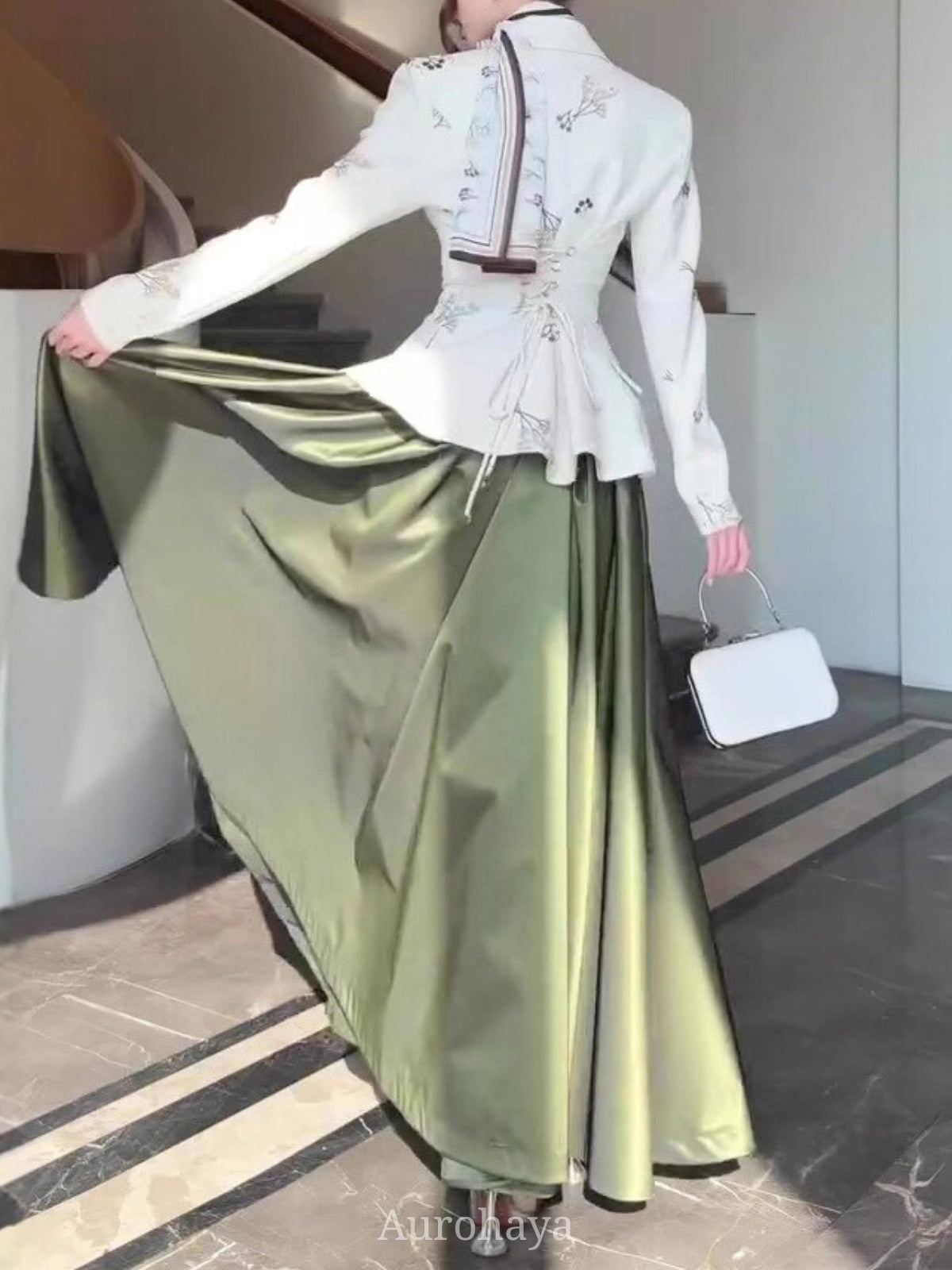 Olive Satin A-Line Full-Circle Maxi Skirt, DES119 [Pre Sale]