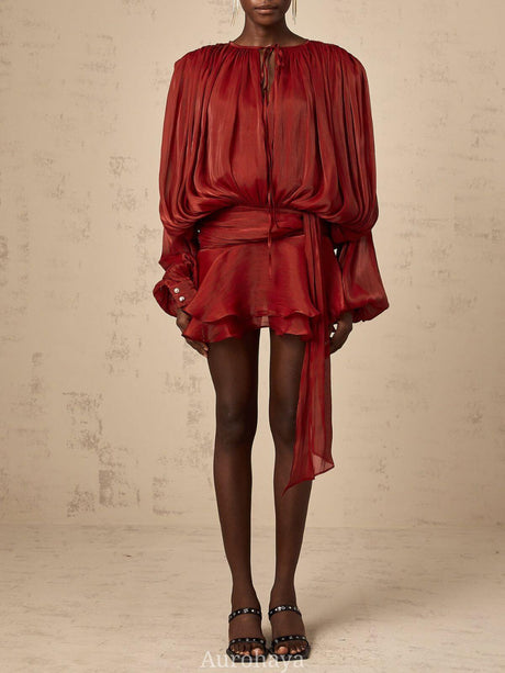 Aurohaya Amélie Fully Pleated Ruffled Mini Dress Red