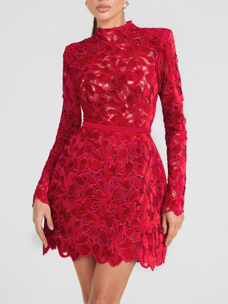 Aurohaya Elegant And Sophisticated Lace Mini Dress Red