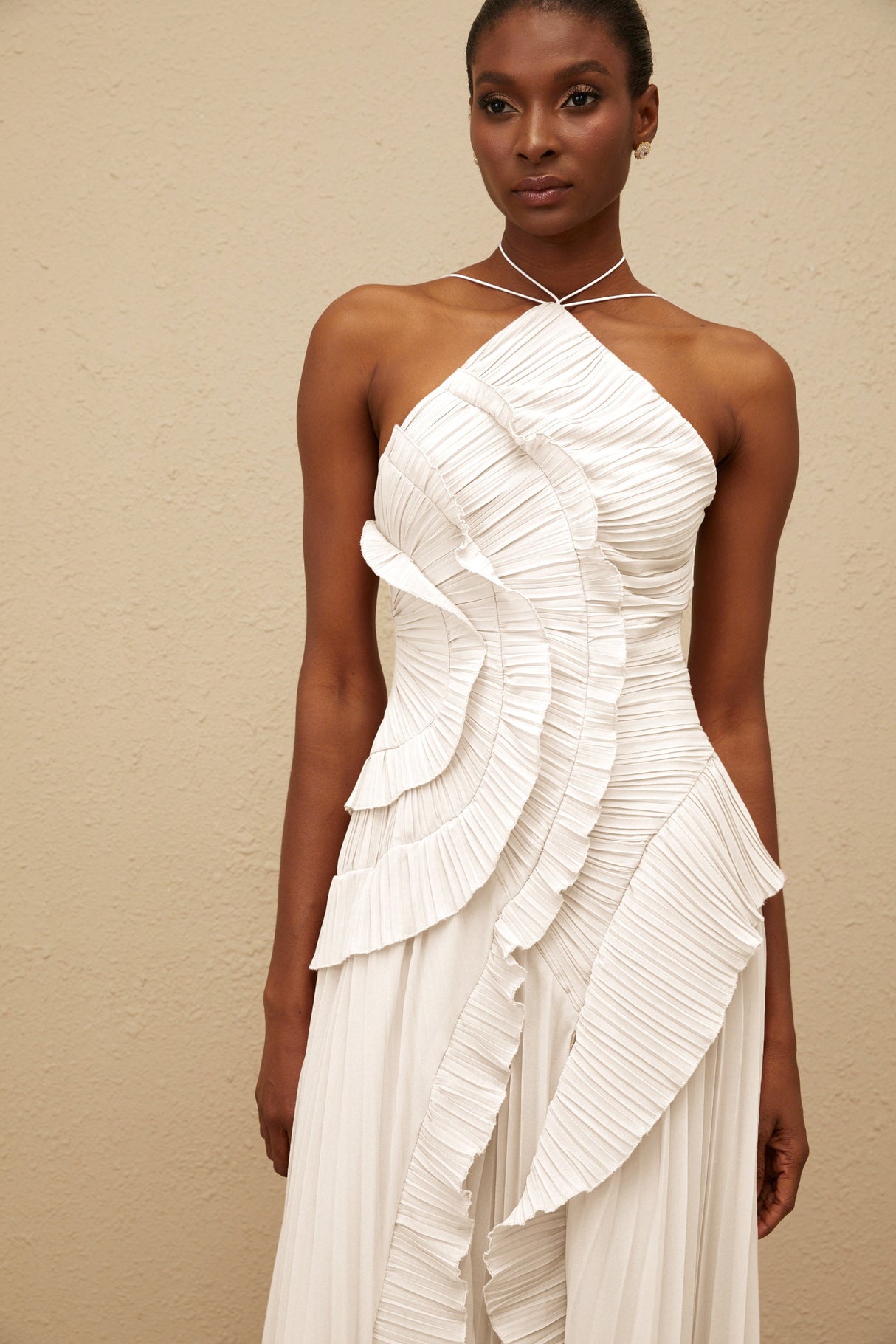 Aurohaya Doux White Ruffled Trim Pleated Midi Dress