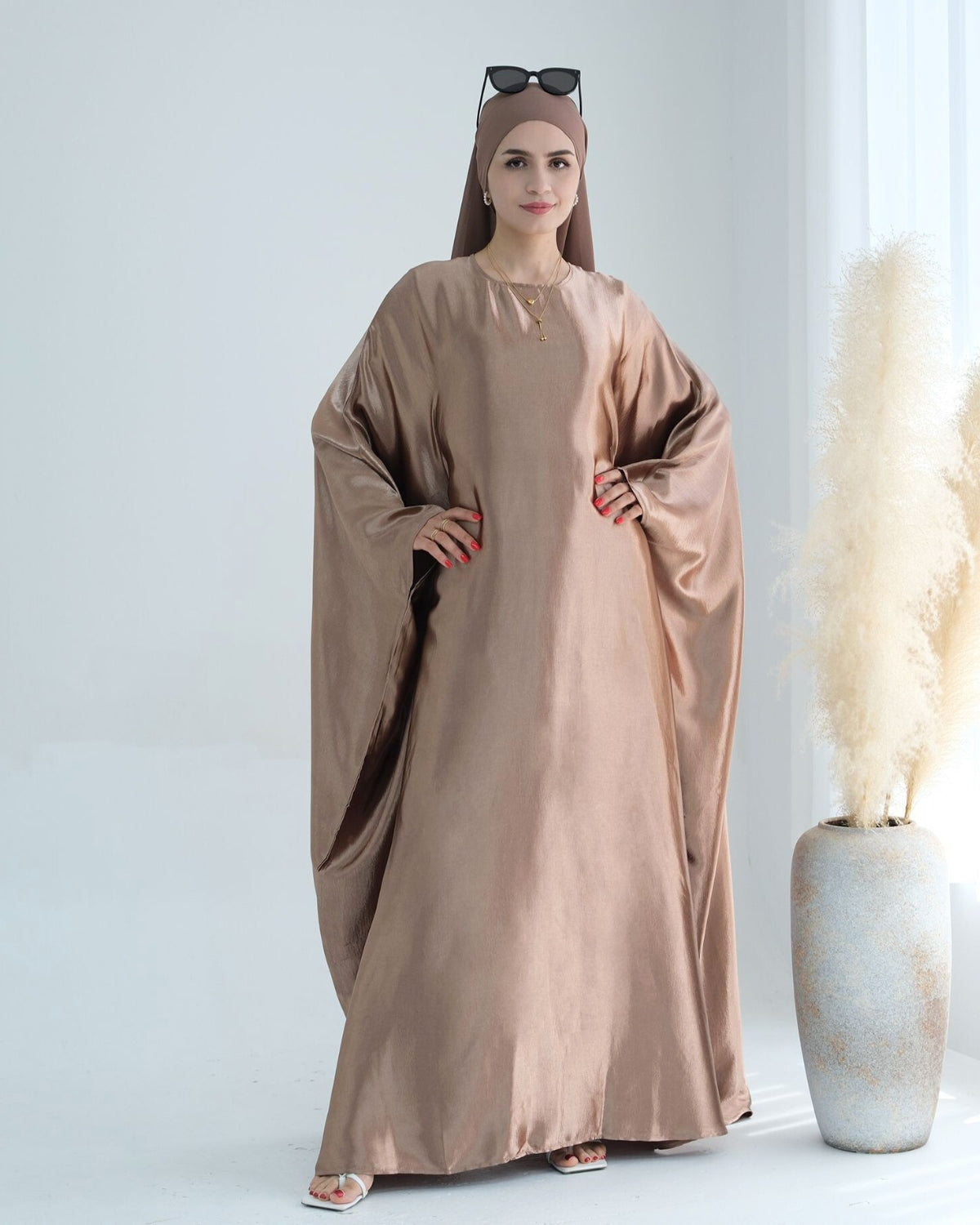 Wrinkled Satin Bronze Butterfly Abaya Dress