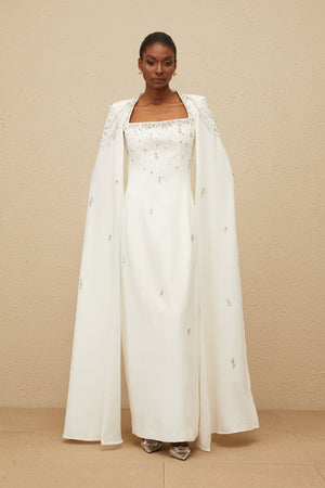 Aurohaya Épuré White Embellished Cape Gown