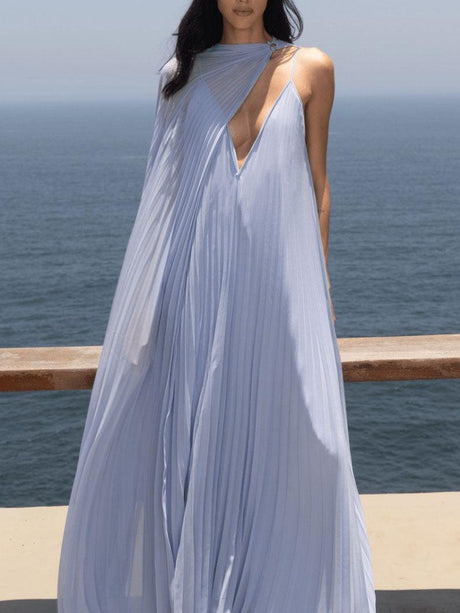 Aurohaya Elegant V-neck Pleated Flowy Maxi Dress