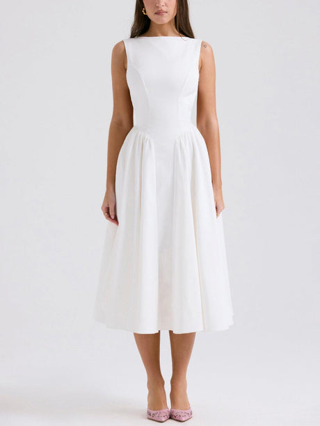 Aurohaya Stylish And Elegant Solid Color Round Neck Backless Sleeveless Midi Dress