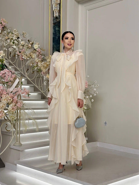 Aurohaya Chiffon Ruffle Maxi Dress — Bow-Tie Modest Evening Gown White