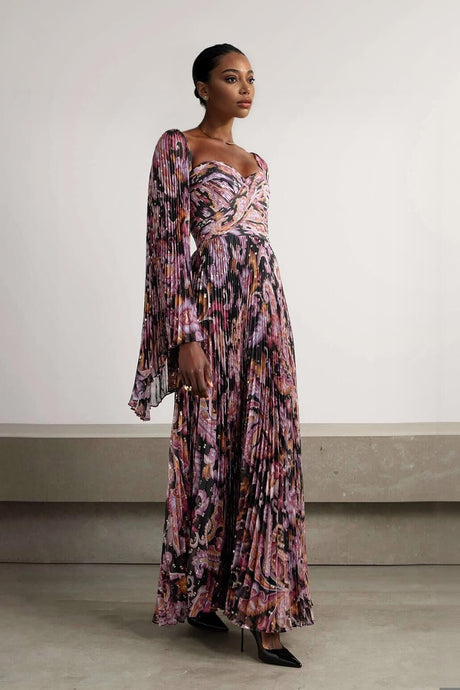 Aurohaya Exquisite Printed Metallic Pleated Chiffon Trumpet Sleeve Maxi Dress Pink