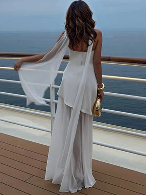 Aurohaya Tube Top Spliced Dress with Scarf White
