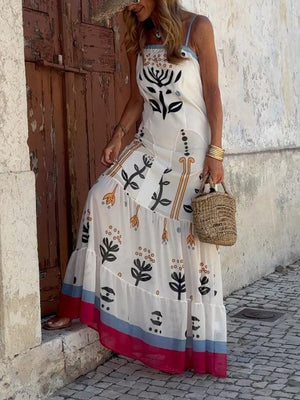 Aurohaya Fashion Personality Abstract Plant Print A-Line Maxi Dress