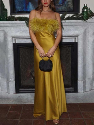 Aurohaya Delicate Satin Feather Neck Sling Midi Dress Yellow