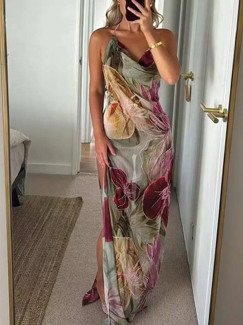 Aurohaya Halter Neck Backless High Slit Printed Dress Printed