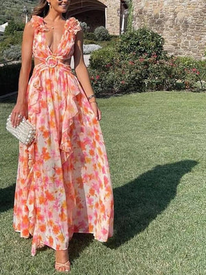 Aurohaya Deep V-neck Floral Hollow Maxi Dress