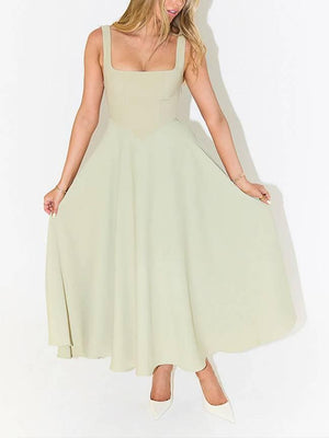 Aurohaya Elegant Sling Square Collar Large Swing MidI Dress Light Green