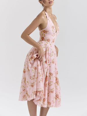Aurohaya Exquisite Retro V-Neck Rose Print Midi Dress