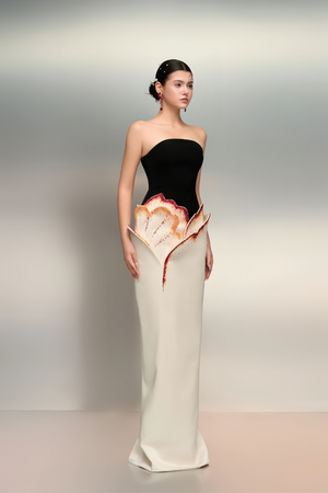 Aurohaya Mieke White Color Block 3D Petal Maxi Dress
