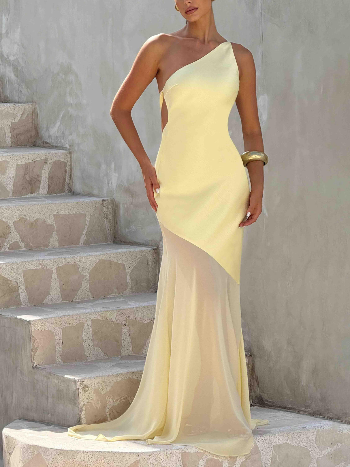 Aurohaya Elegant One Shoulder Sheer Hem Maxi Dress