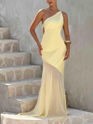 Aurohaya Elegant One Shoulder Sheer Hem Maxi Dress
