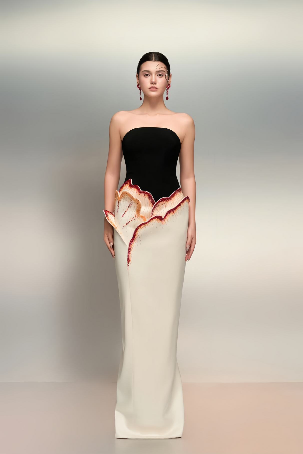 Aurohaya Mieke White Color Block 3D Petal Maxi Dress