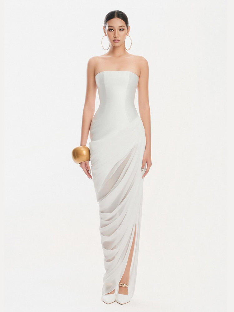Aurohaya Gaëlle Strapless Satin Maxi Dress White