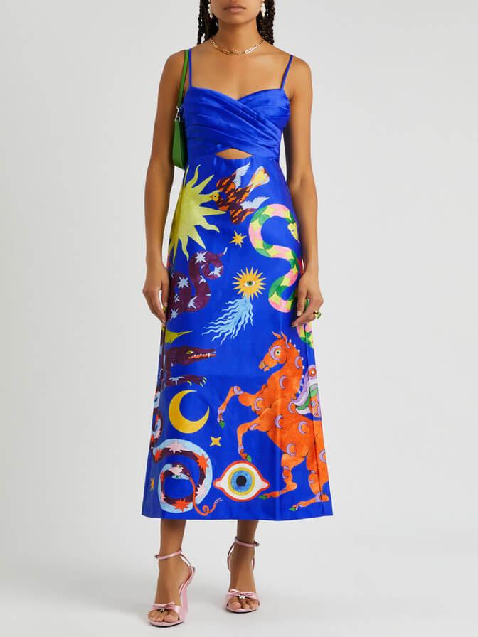 Aurohaya Summer Sexy Satin Backless Printed Sleeveless Midi Dress