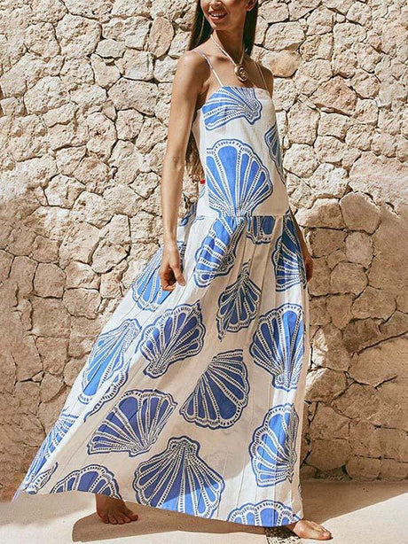 Aurohaya Holiday Casual Ocean Shell Print Sling Maxi Dress