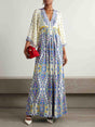 Aurohaya Exquisite Ornate Paisley Print V-neck Maxi Dress Blue
