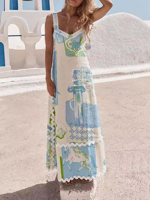 Aurohaya Unique Painted Print Open Back Bow Maxi Dress
