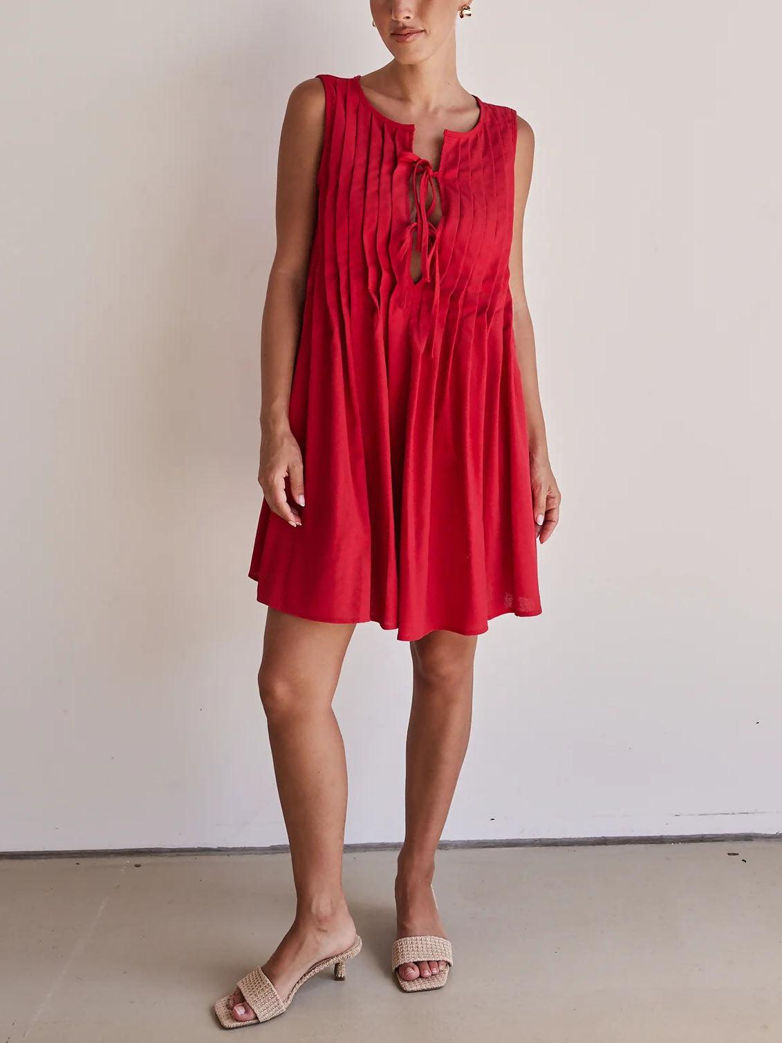 Aurohaya Casual V-neck Tie-strap Sleeveless Mini Dress