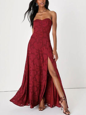 Aurohaya Evening Gown Strapless Slim Fit Slit Maxi Dress Red