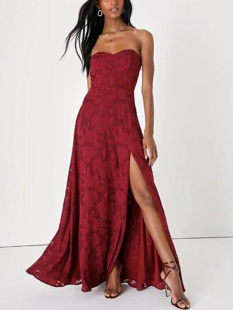 Aurohaya Evening Gown Strapless Slim Fit Slit Maxi Dress Red