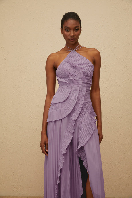 Aurohaya Doux Purple Ruffled Trim Pleated Midi Dress