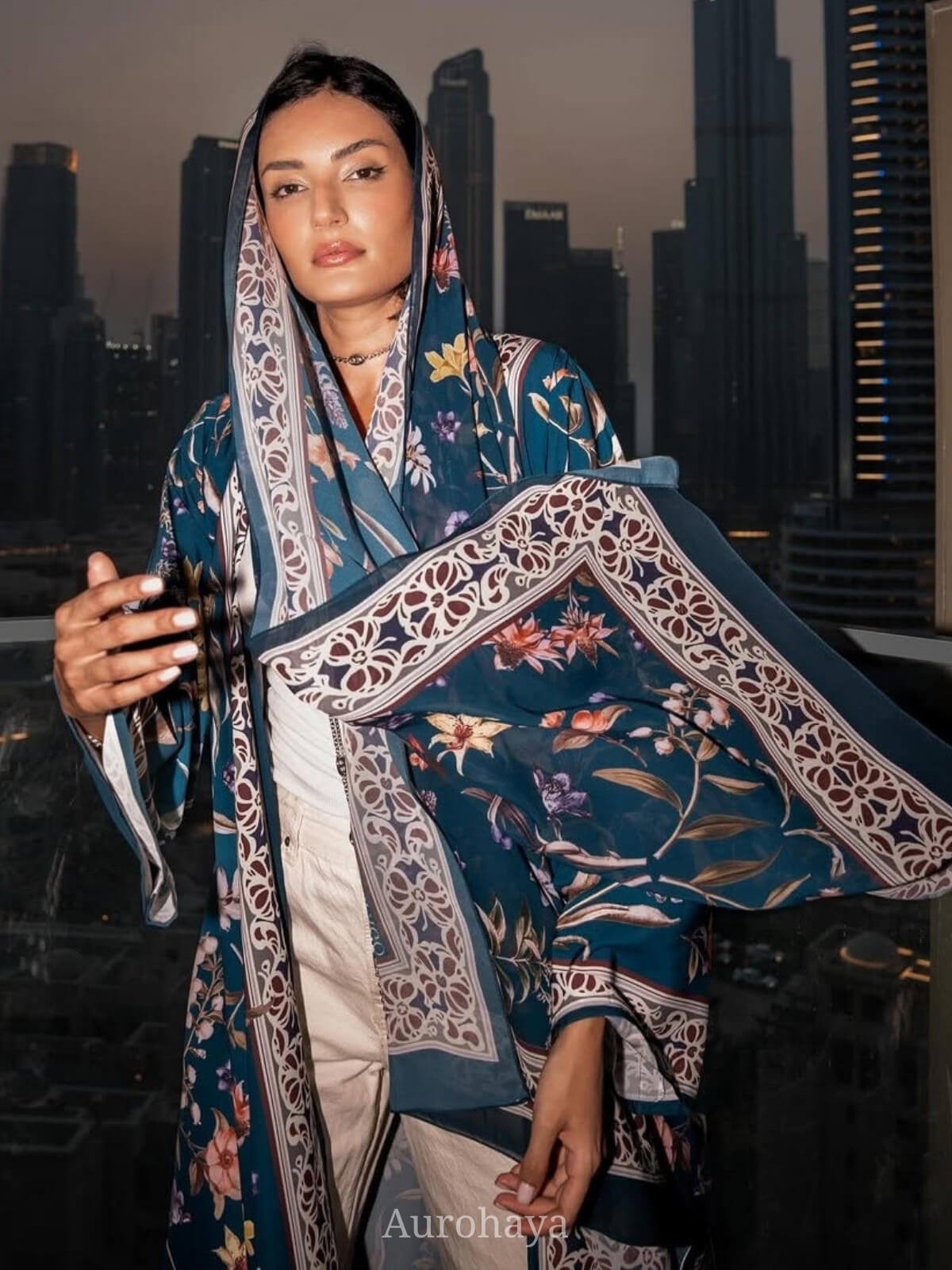 Floral Printed Open Abaya with Hijab 2-Piece Set