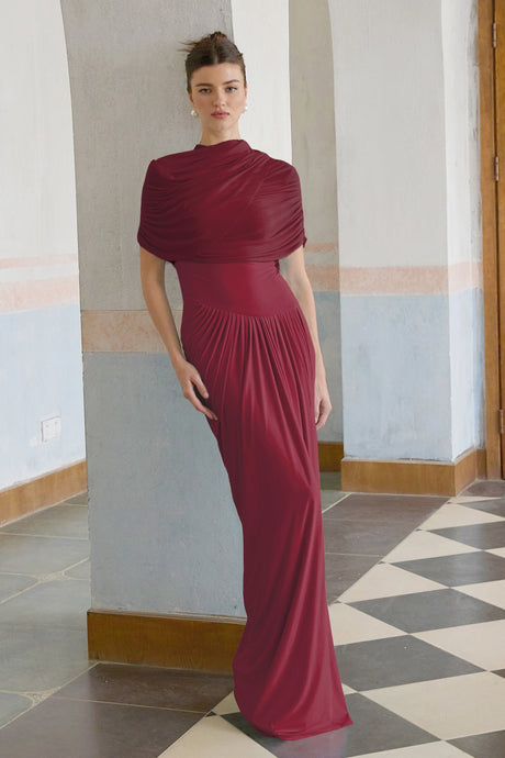 Aurohaya Catherine asymmetrical pleated maxi dress in Red