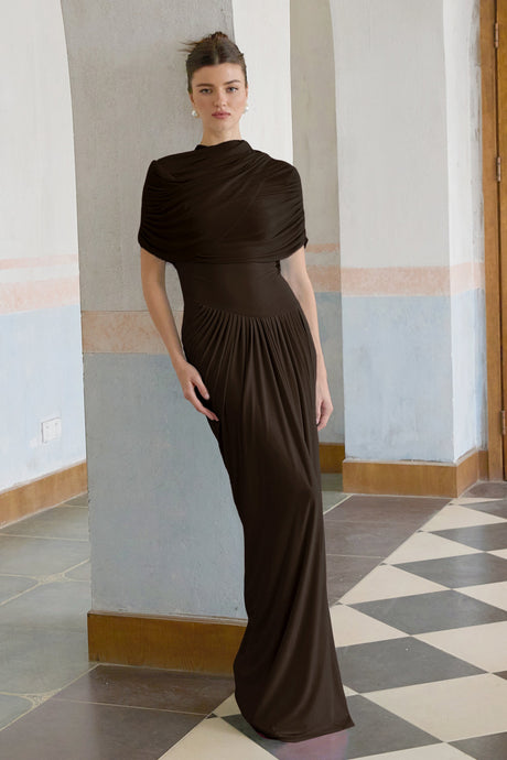 Aurohaya Catherine asymmetrical pleated maxi dress in Brown