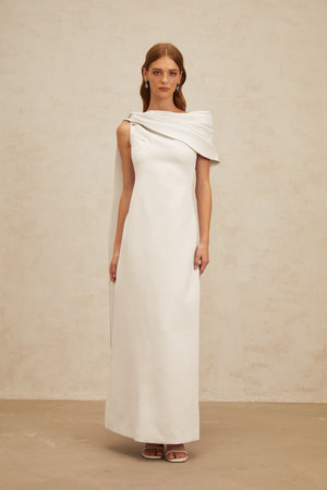 Aurohaya Annabelle White Cape-Design Ribbon Maxi Dress