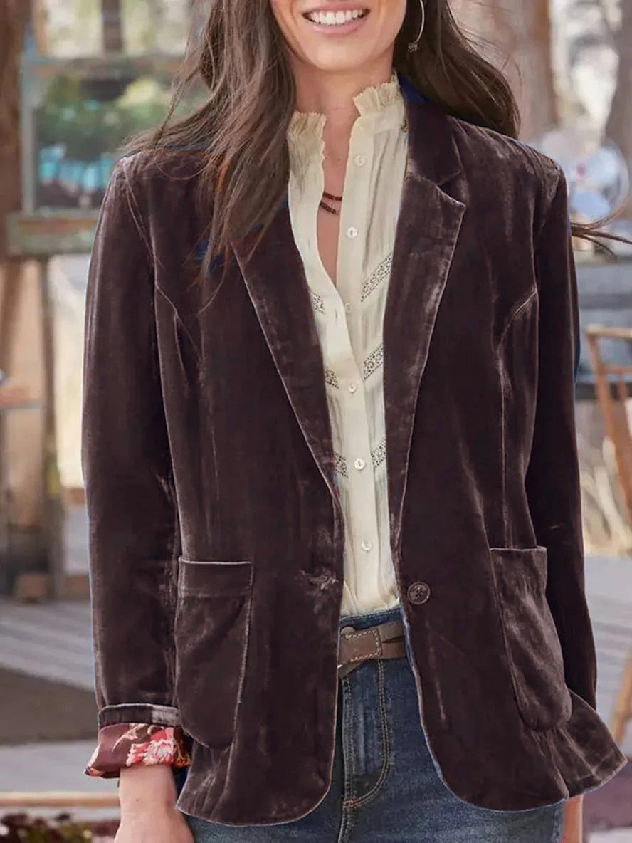 Aurohaya Vintage Velvet Blazer for Women Single-Breasted Lapel Collar Jacket with Pockets