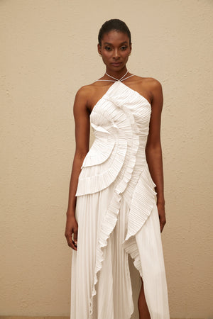 Aurohaya Doux White Ruffled Trim Pleated Midi Dress