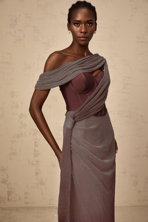 Aurohaya Delphine ribbon-design corset maxi dress in Brown