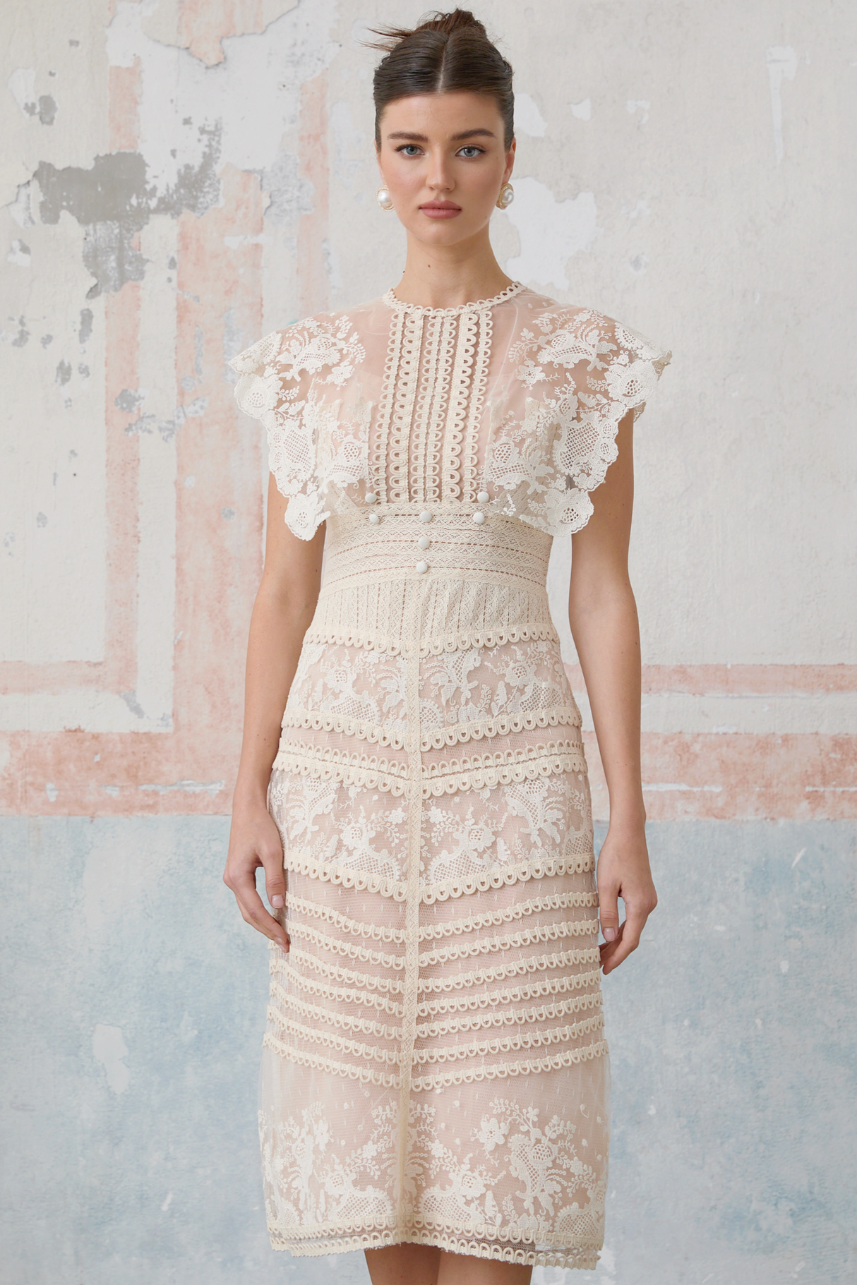 Aurohaya Fleur floral-embroidered lace midi dress in Neutrals